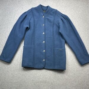 Geiger Jacket Womens 34 Blue Boiled Wool Knit Button Front Pockets Logo Unlined